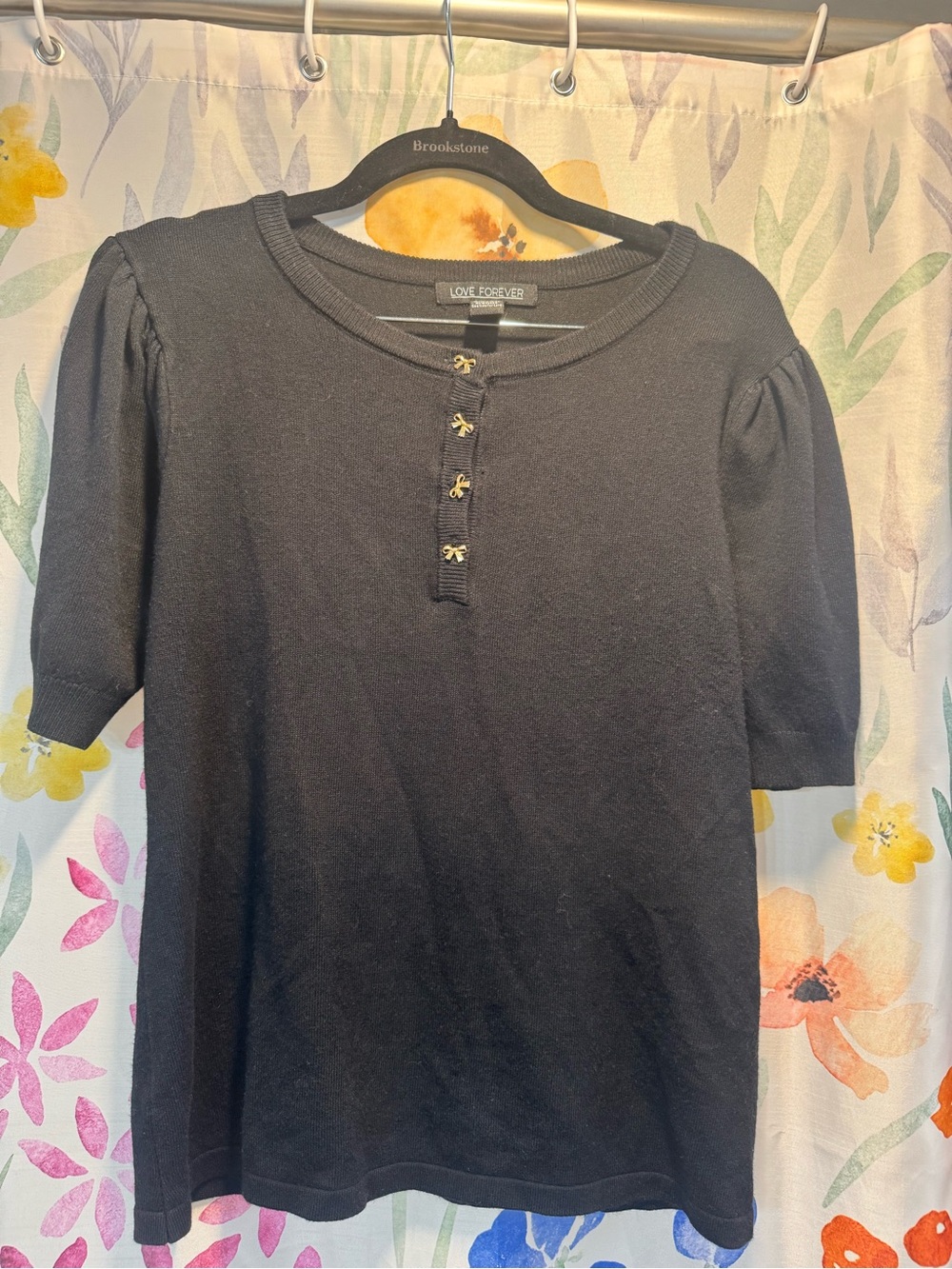 Black Short-Sleeve Knit Top with Decorative Buttons